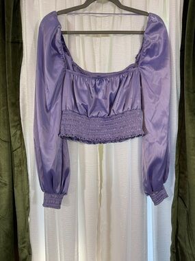 Lavender Puff-Sleeve Cropped Blouse - Women Tops